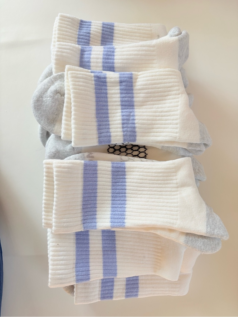Men's 10 Pack Athletic Crew Socks - White with Light Blue Stripes